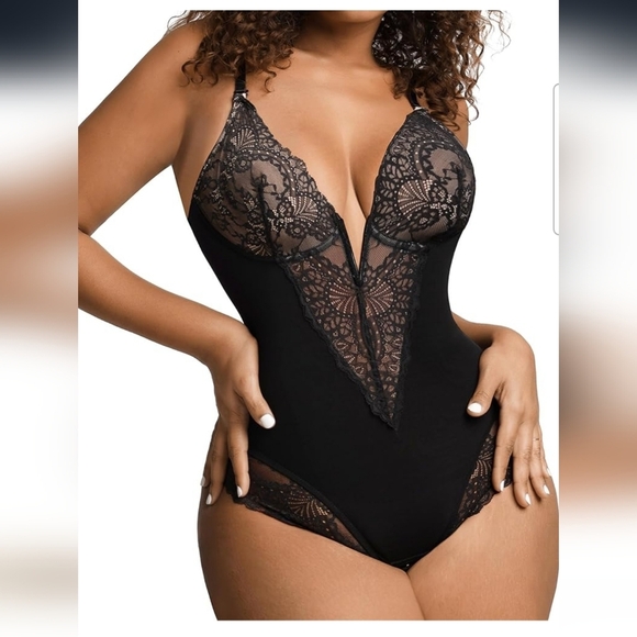 Popilush Black Lace Deep V Corset Shapewear Tummy Control Bodysuit Size  XXL - Picture 1 of 10